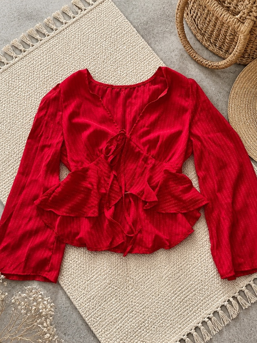 SHEIN Red Ruffle Tie-Front Blouse